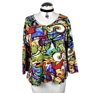 Mirror Image Vtg Y2k Art to Wear Graphic Art Print Sequin Colorful AOP Blouse L